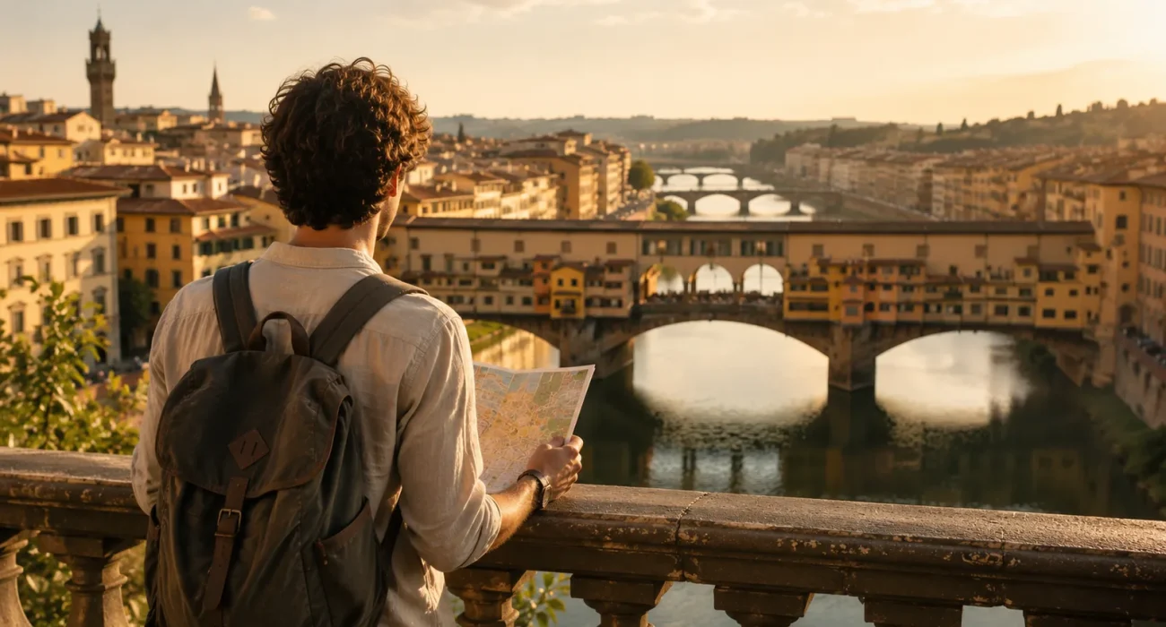 Ponte Vecchio manzarasına bakan gezgin