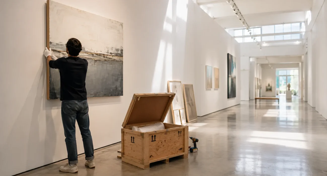 Sanat galerisinde eser yerleştiren küratör