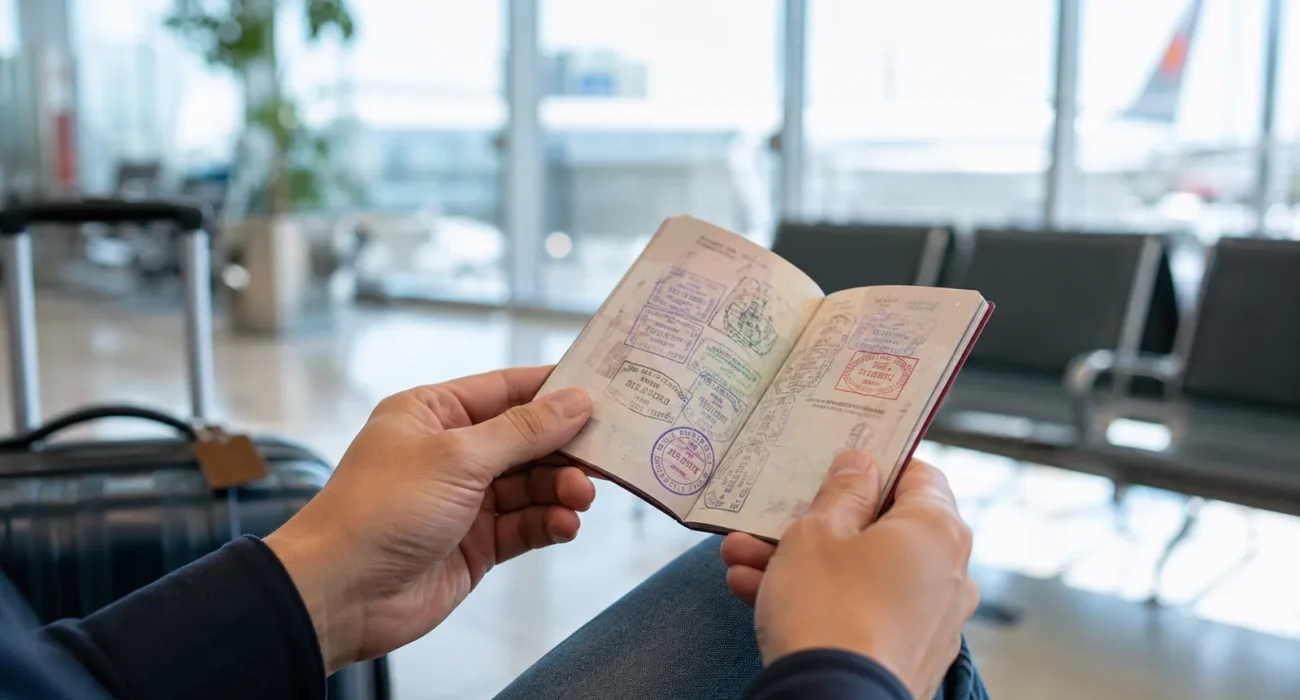 Vize damgalı pasaport sayfalarını inceleyen yolcu