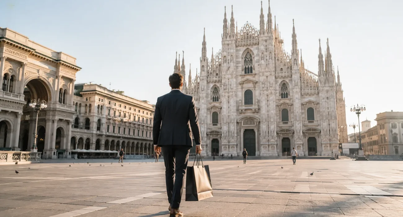 Milano Duomo Meydanı'nda yürüyen iş insanı