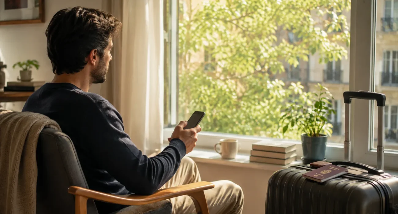 Koltukta telefon ve valizle seyahat planlayan uzaktan çalışan