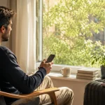 Koltukta telefon ve valizle seyahat planlayan uzaktan çalışan